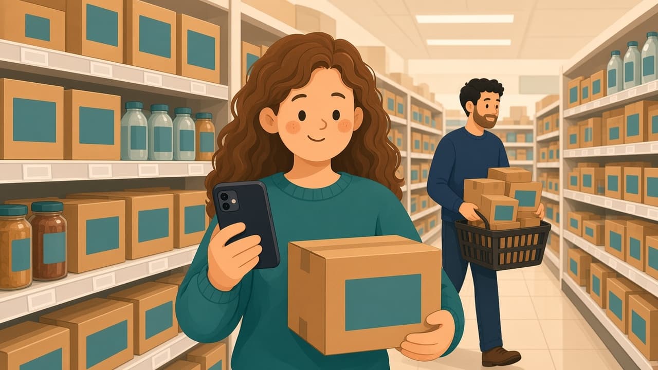 Pessoa no corredor comparando o preço de um produto no celular