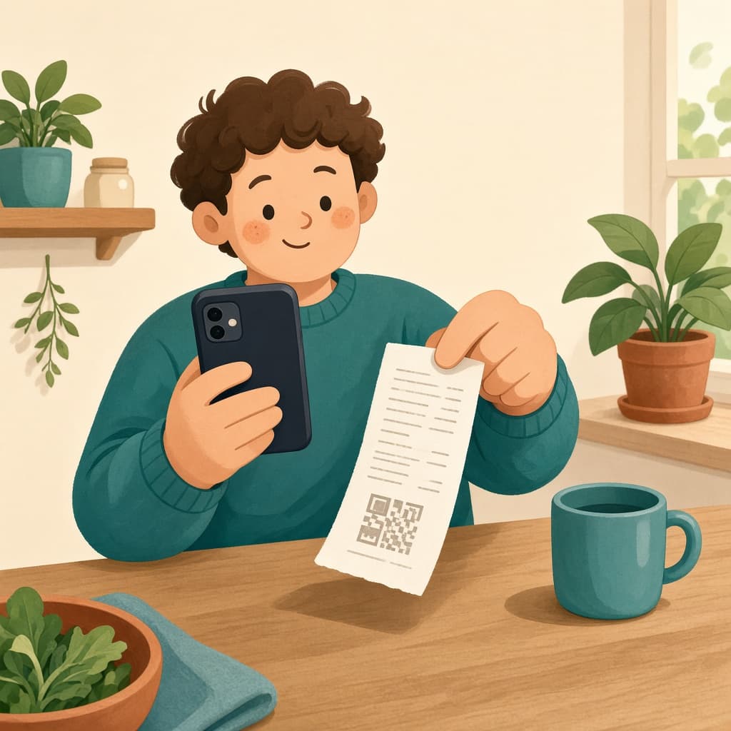 Pessoa apontando o celular para o QR Code de uma nota fiscal